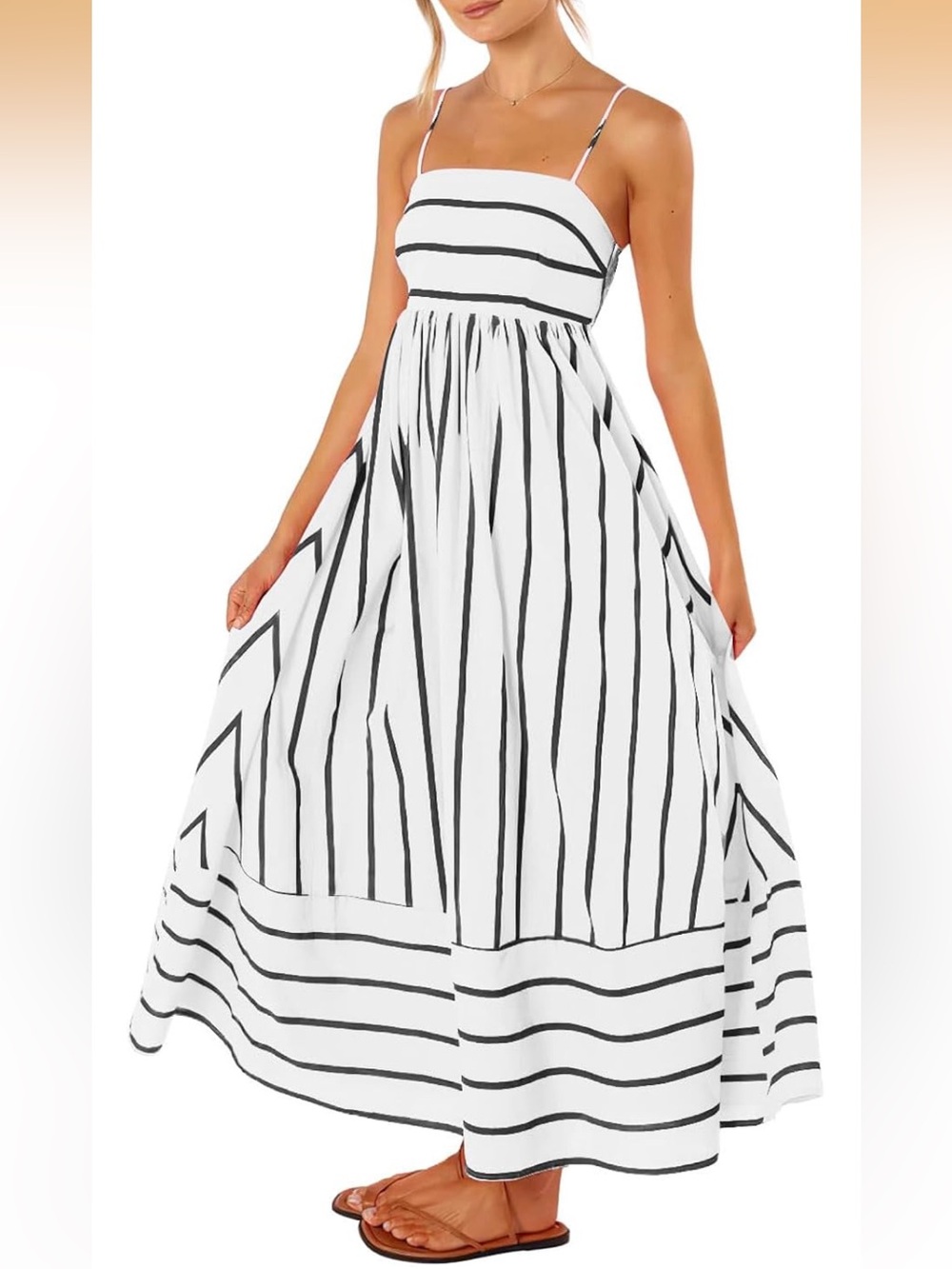 White & Black Striped Spaghetti Strap Maxi Dress with pockets!